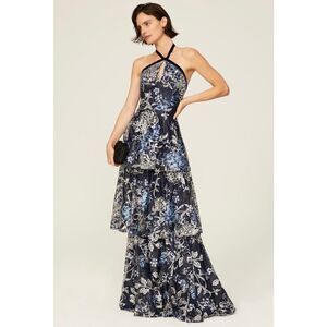 Tiered Halter Floral Midi Dress - Navy Blue